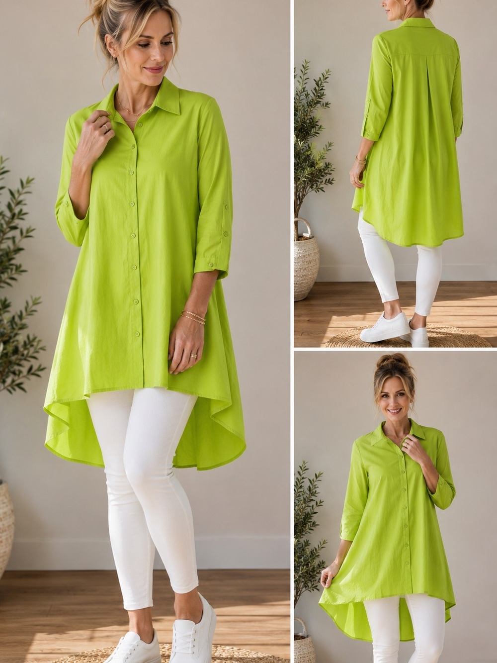 Cotton Blend High-Low Button-Front Tunic in Lime Green
